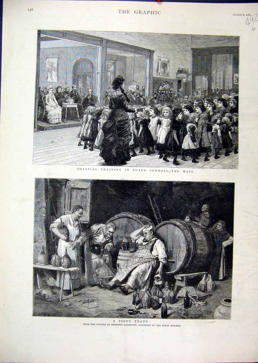 Original Old Antique Print 1881 Physical Training Boarding School Pious Fraud