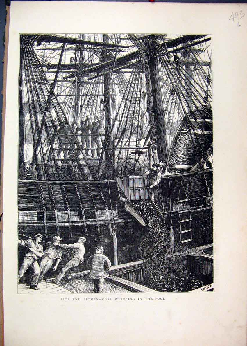 Original Old Antique Print 1871 Pits Pitmen Coal Whipping Pool Ship Working 19th