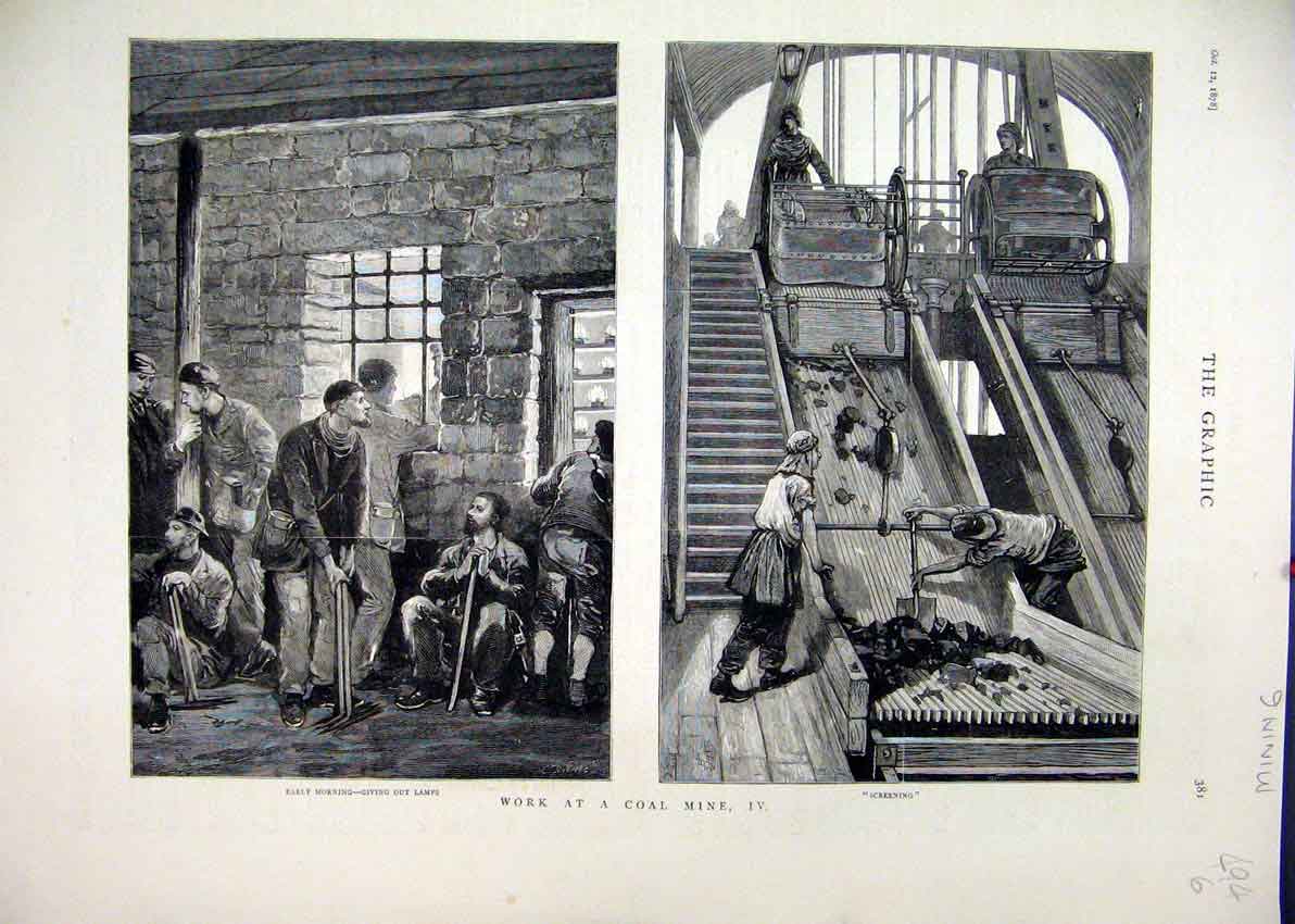 Original Old Antique Print 1878 Work Coal Mine Lamps Screening Belt Victorian