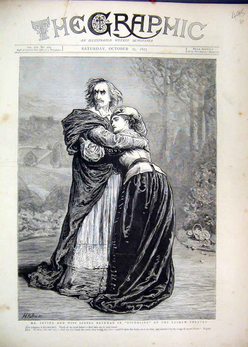 Original Old Antique Print Irving Bateman Richelieu Lyceum Theatre 1873 19th