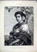 Original Old Antique Print 1873 Woman Gathering Grapes Beautiful 19th