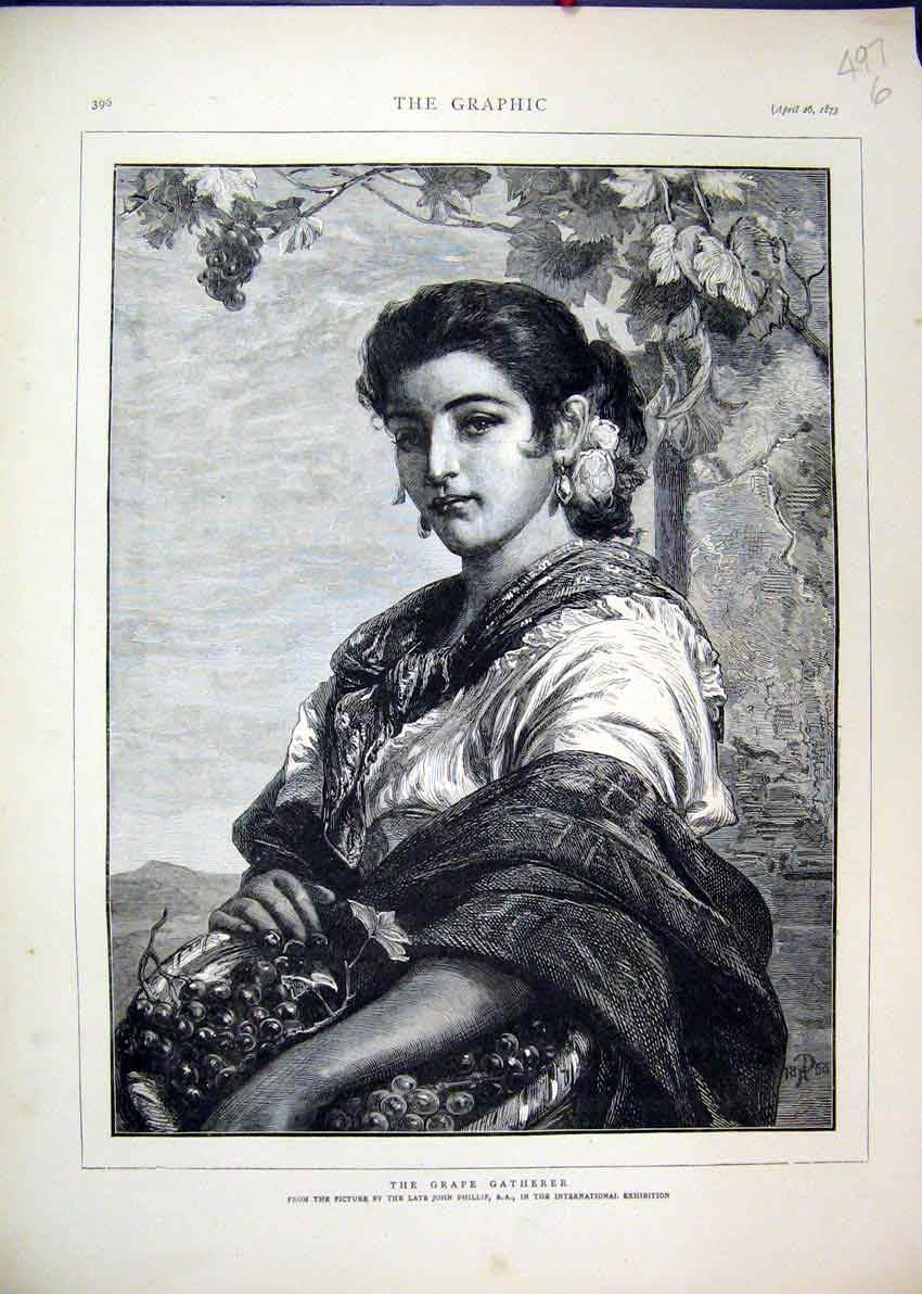 Original Old Antique Print 1873 Woman Gathering Grapes Beautiful 19th