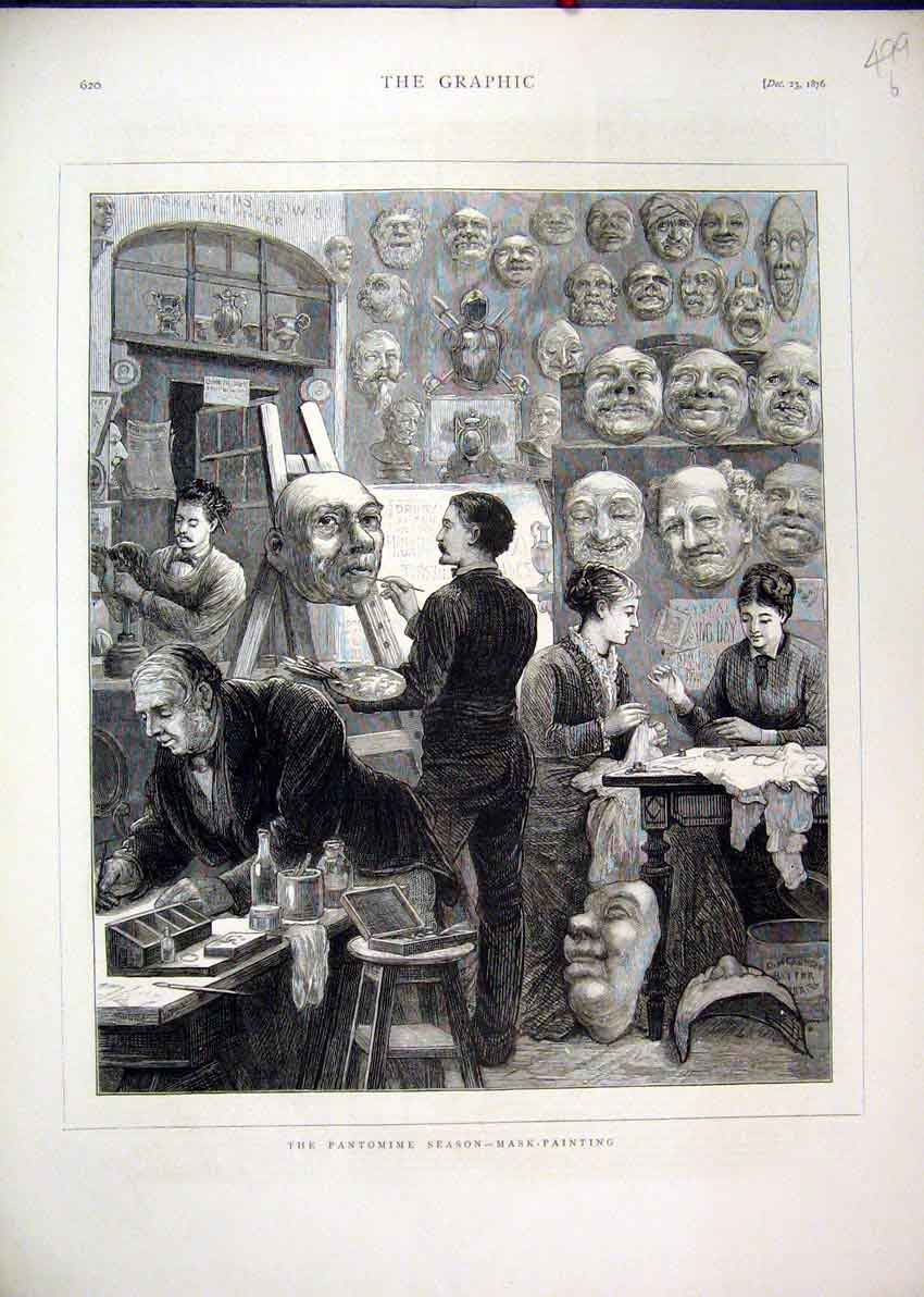 Original Old Antique Print Pantomime Season Mask-Painting 1876 Artists Victorian