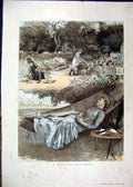 Original Old Antique Print 1886 Midsummer Days Dream Woman Sleeping Hammock 19th