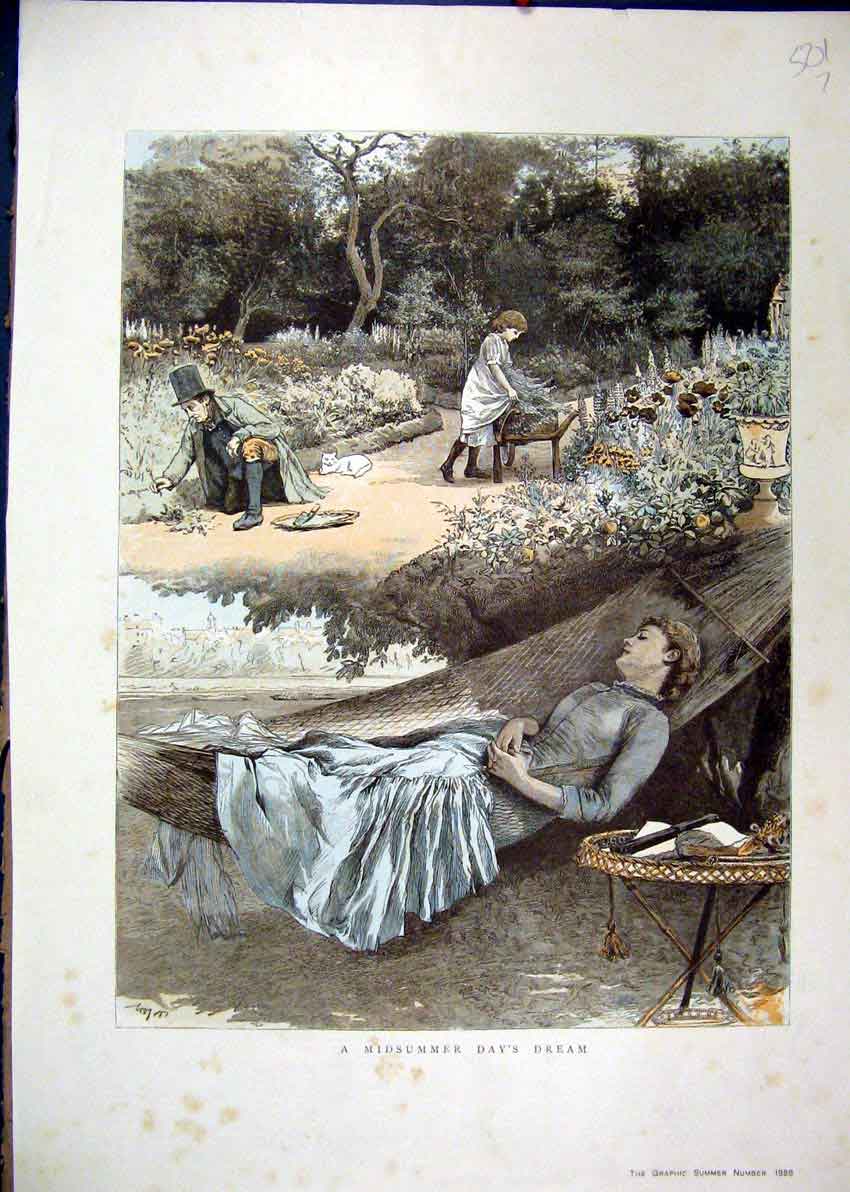 Original Old Antique Print 1886 Midsummer Days Dream Woman Sleeping Hammock 19th