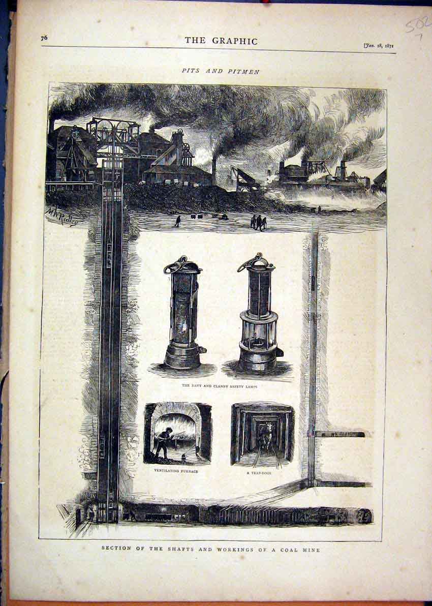 Original Old Antique Print 1871 Sections Shafts Workings Coal Mine Pits Pitmen
