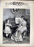 Original Old Antique Print 1872 Drawing Room Woman Piano Little Girl Singing