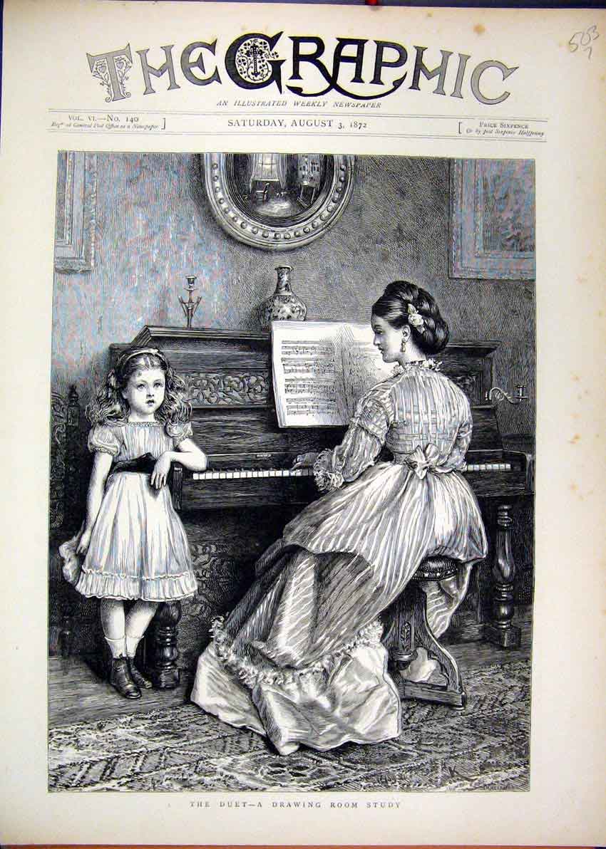 Original Old Antique Print 1872 Drawing Room Woman Piano Little Girl Singing