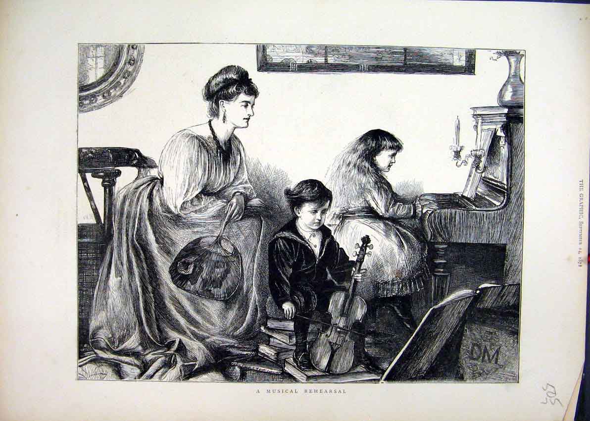 Original Old Antique Print Musical Rehearsal 1872 Girl Playing Piano Boy Violin