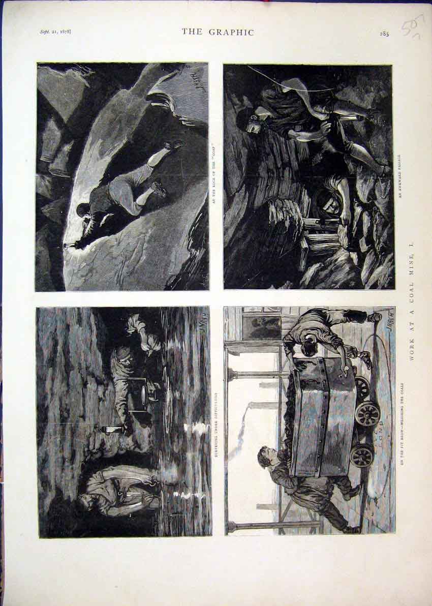 Original Old Antique Print 1878 Working Coal Mine Weighing Edge Goaf Men Water