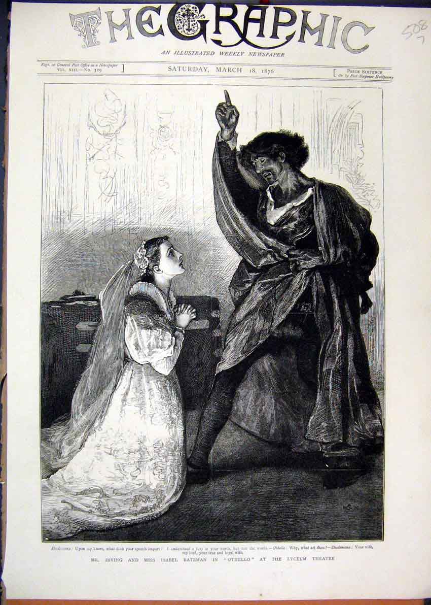 Original Old Antique Print 1876 Irving Isabel Bateman Othello Lyceum Theatre