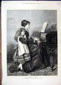 Original Old Antique Print 1875 Piano Music Mother Child Water Colour Painting