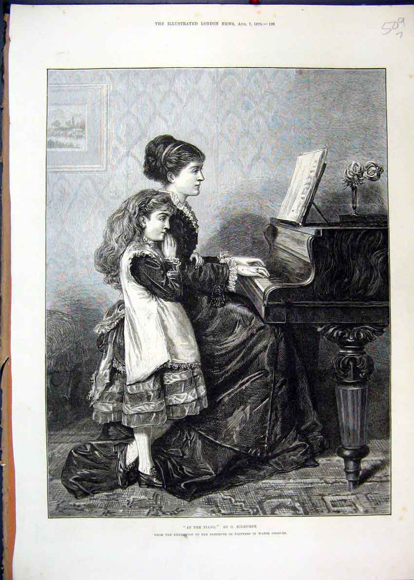 Original Old Antique Print 1875 Piano Music Mother Child Water Colour Painting