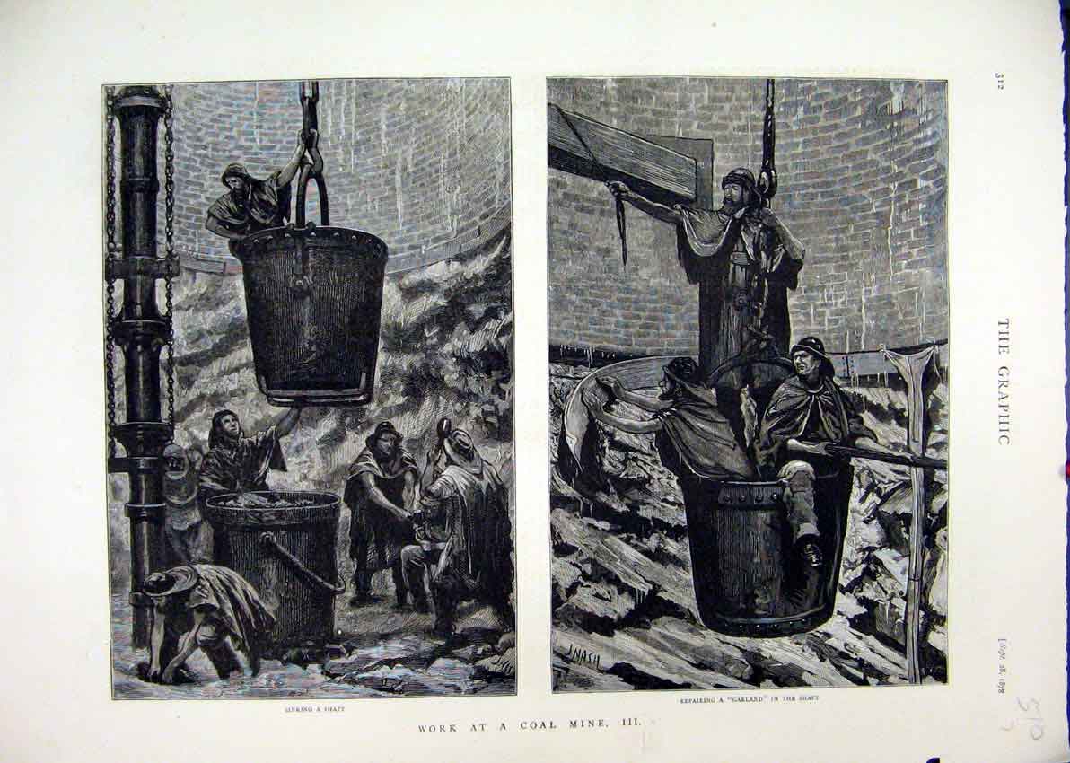 Old Antique Print Working Coal Mine 1878 Sinking Shaft Garland Repairing 19th