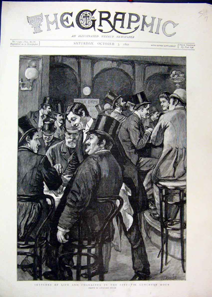 Original Old Antique Print Sketches Life Character City 1891 Luncheon Hour Drink