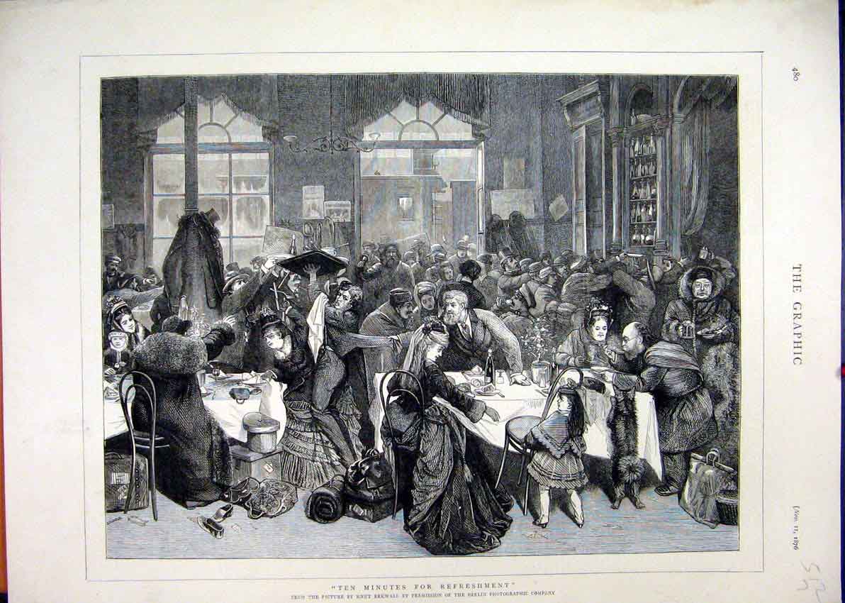 Original Old Antique Print 1876 Restaurant Waitor Families Eating 19th