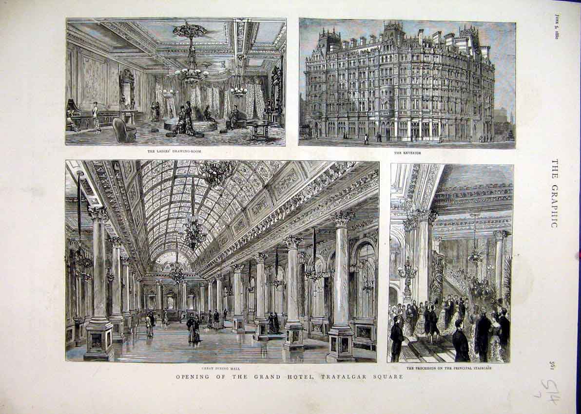 Old Antique Print Grand Hotel Trafalgar Square 1880 Dining Hall Exterior 19th