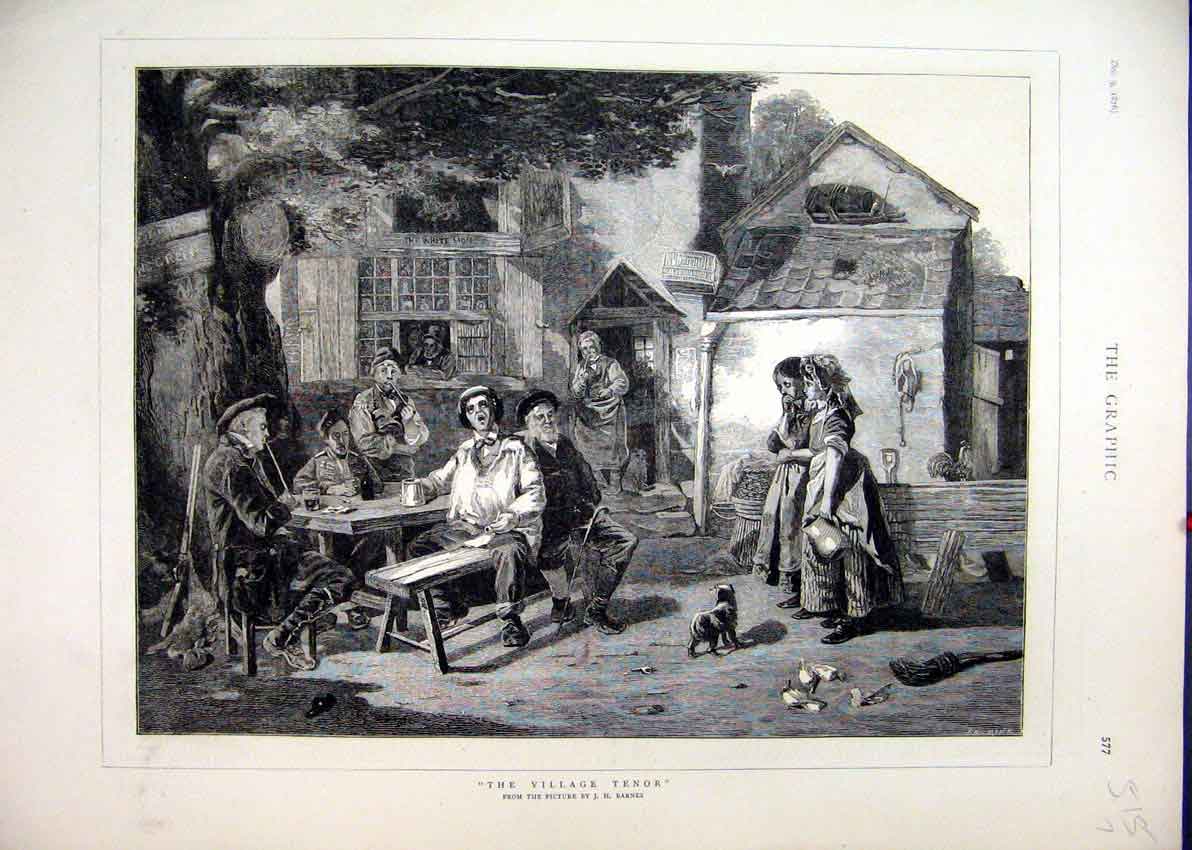 Original Old Antique Print 1876 Village Tenor Man Singing Music Pub Garden 19th