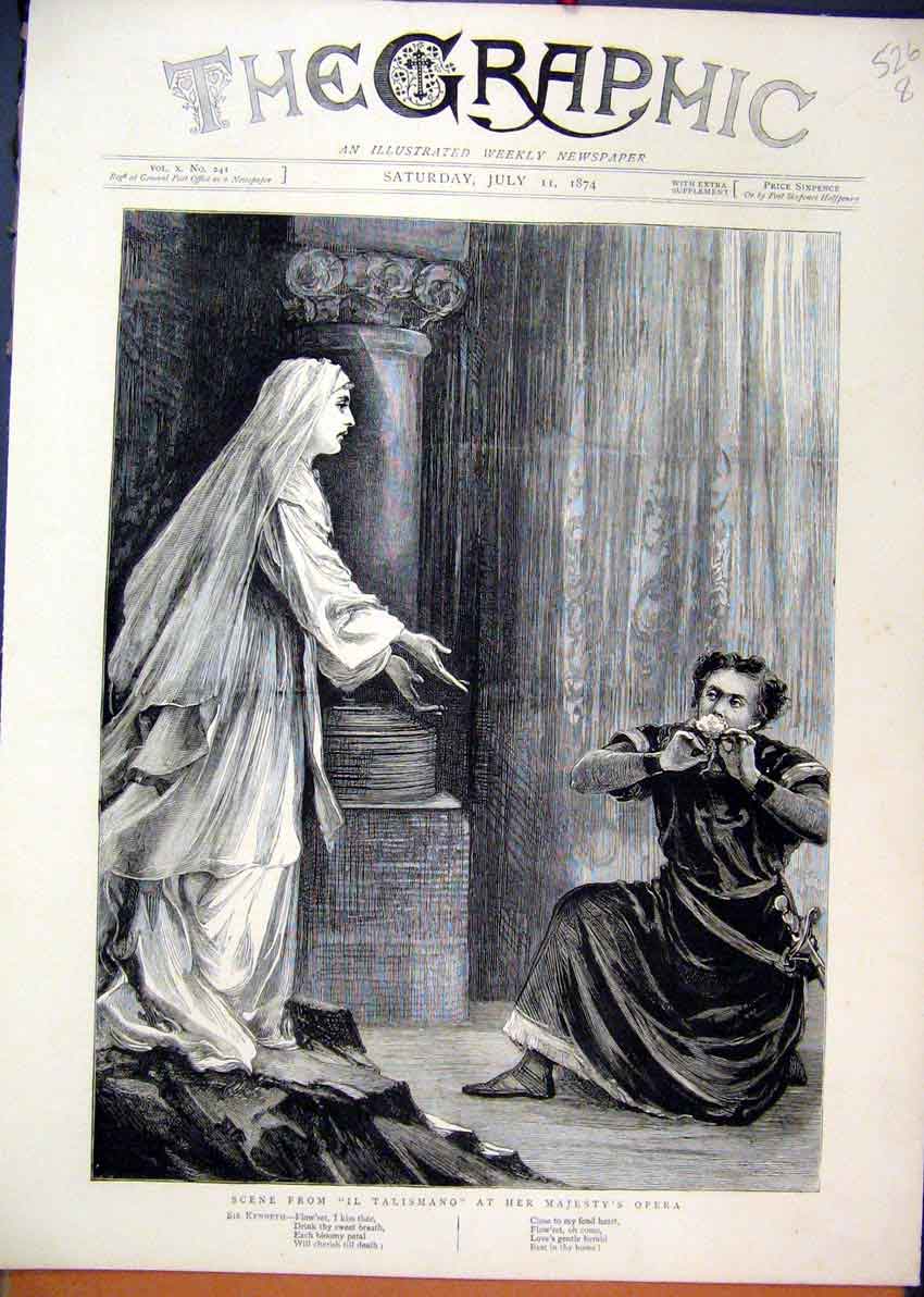 Original Old Antique Print Scene Talismano Majesty Opera 1874 Theatre Romance