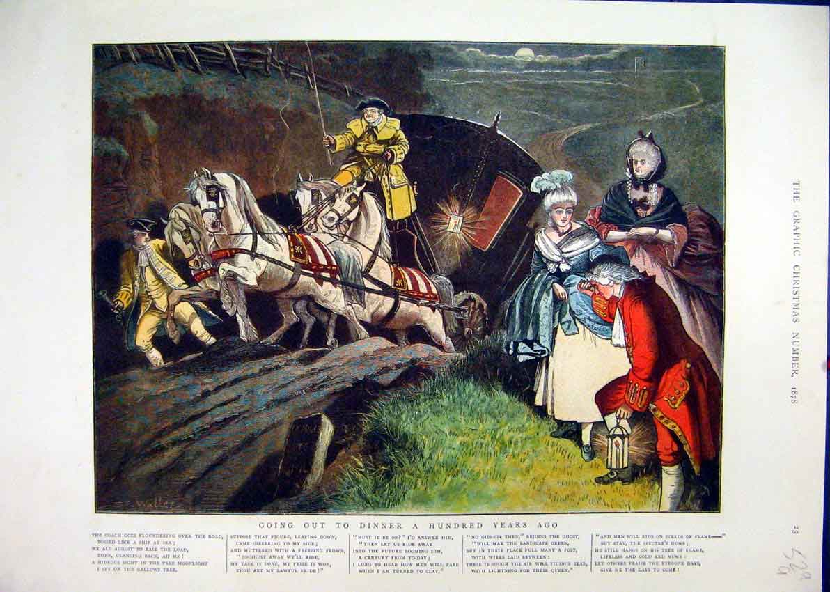 Original Old Antique Print Colour 1878 Out Dinner Ladies Horse Carriage 19th