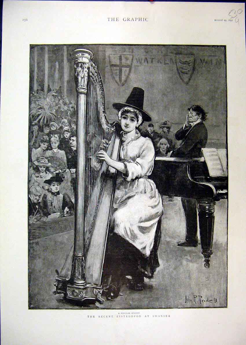 Original Old Antique Print 1891 Eisteddfod Swansea Music Harp Piano Soloist 19th
