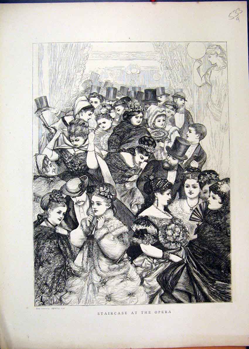 Original Old Antique Print Staircase Opera 1870 Women Men Musical 19th