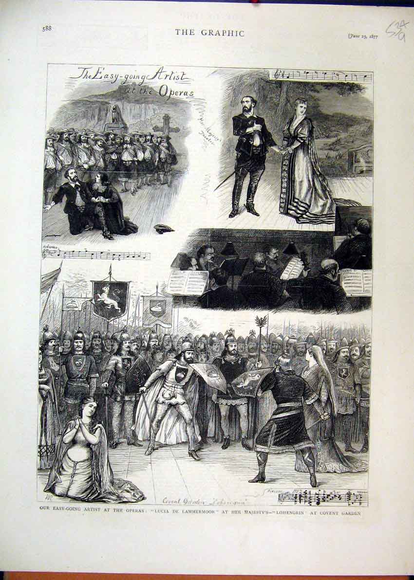Original Old Antique Print Artist Opera 1877 Lucia Lammermoor Covent Garden 19th
