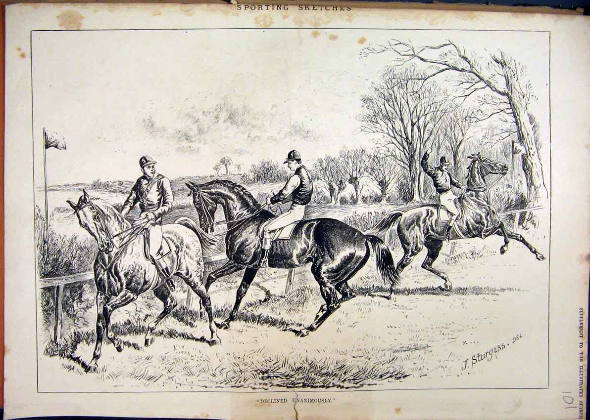 Original Old Antique Print Horses Race Refusing Jump Fence 1882 Country Scene