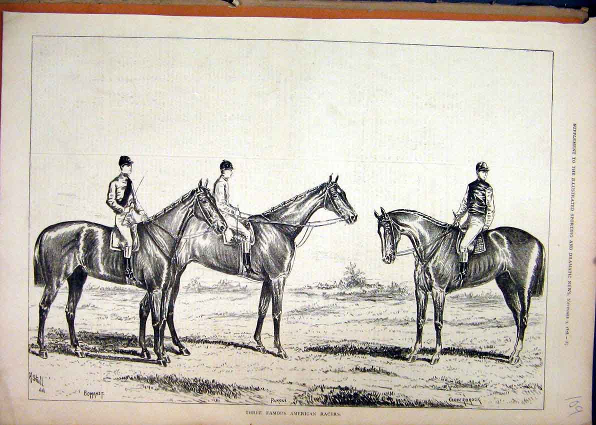 Original Old Antique Print 1878 American Horses Bombast Parole Gloverbrook 19th