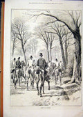 Original Old Antique Print Horses Riders 1877 Going Covert Trees Country Scene