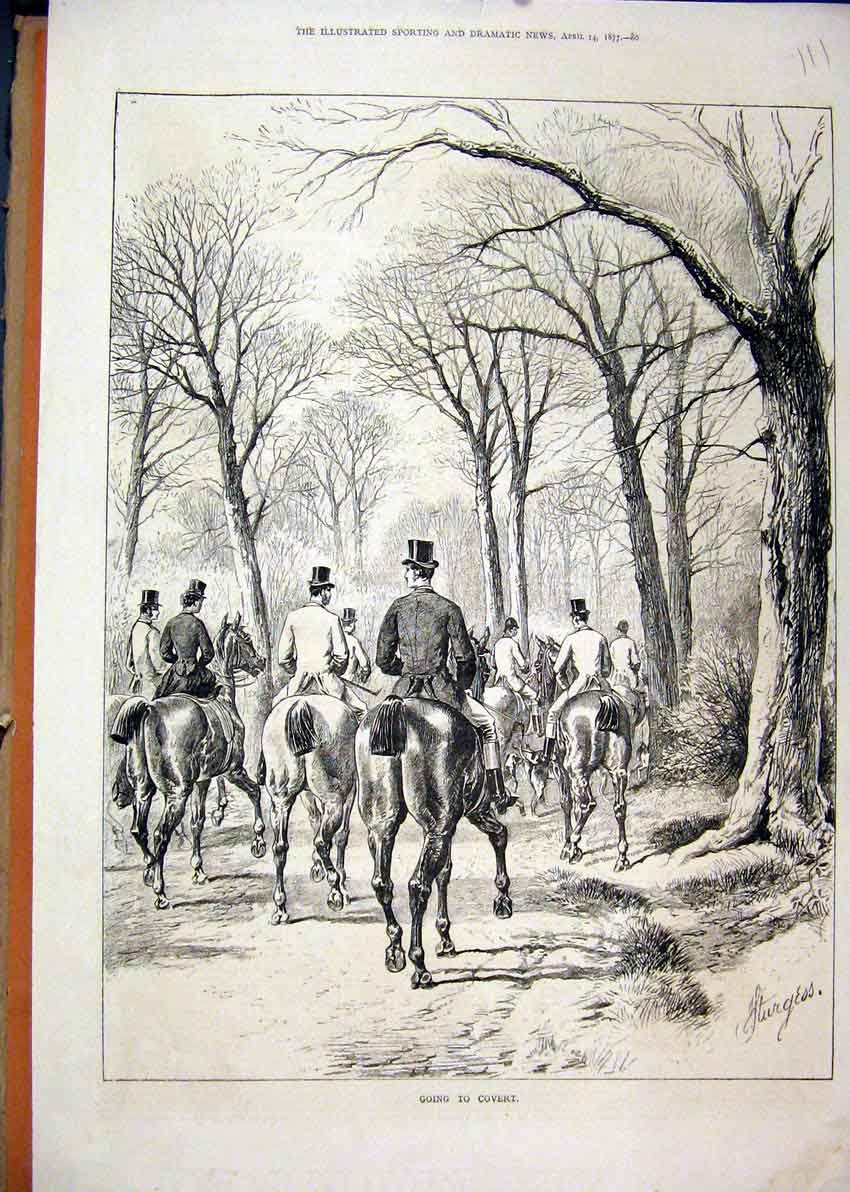 Original Old Antique Print Horses Riders 1877 Going Covert Trees Country Scene