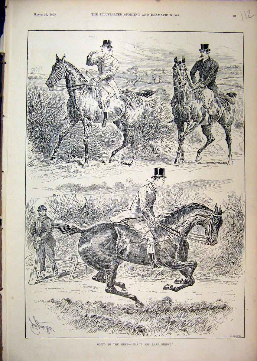 Original Old Antique Print 1893 Horses Riders Going Hunting Early Late Sketch