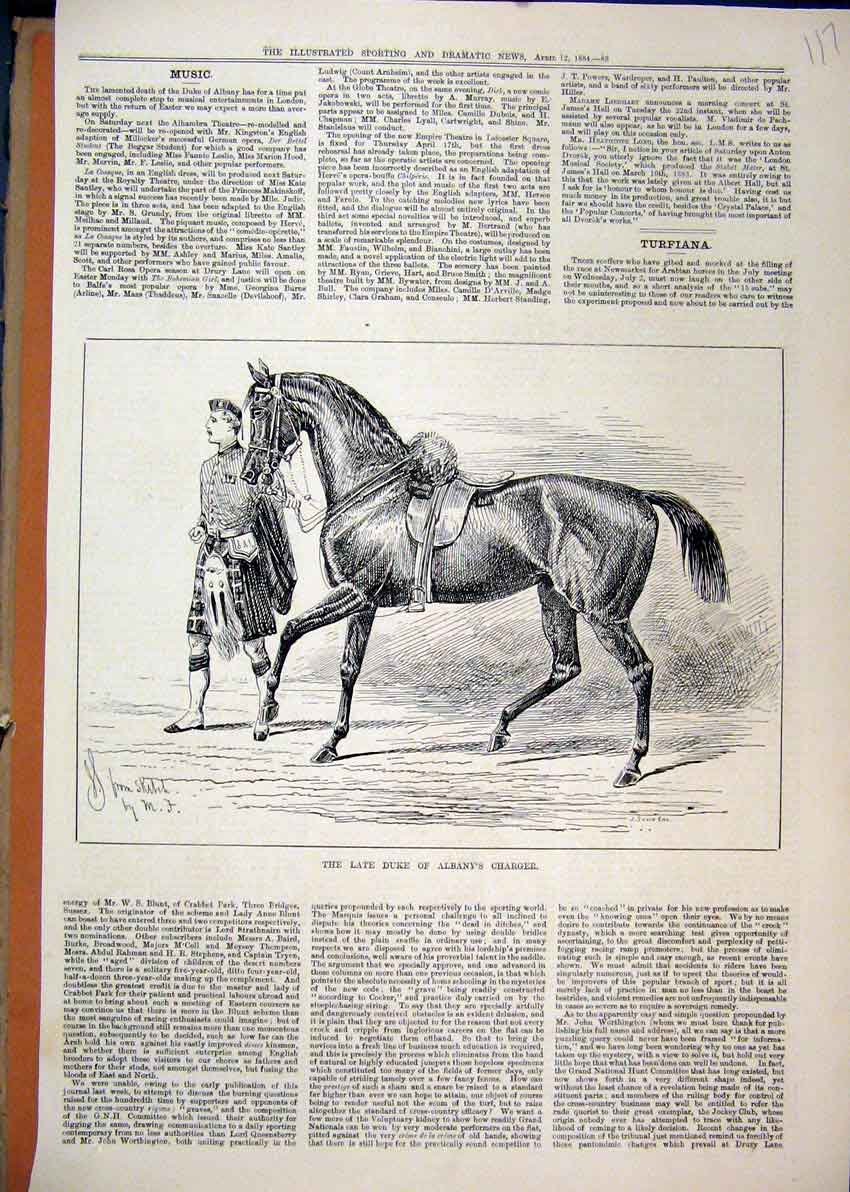 Original Old Antique Print 1884 Horse Duke Albany Charger Scottish Sier Kilt
