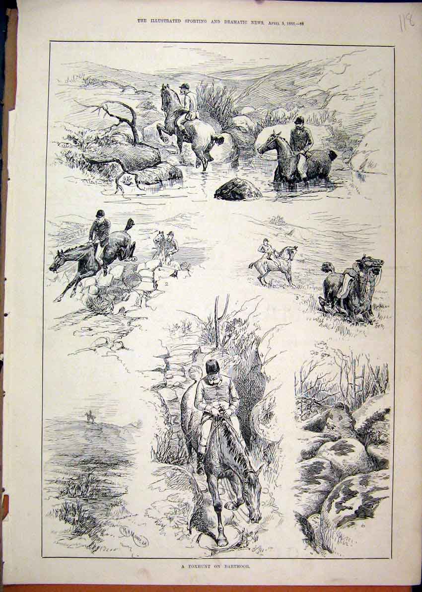 Original Old Antique Print Foxhunt Dartmoor 1886 Horses River Jumping Victorian
