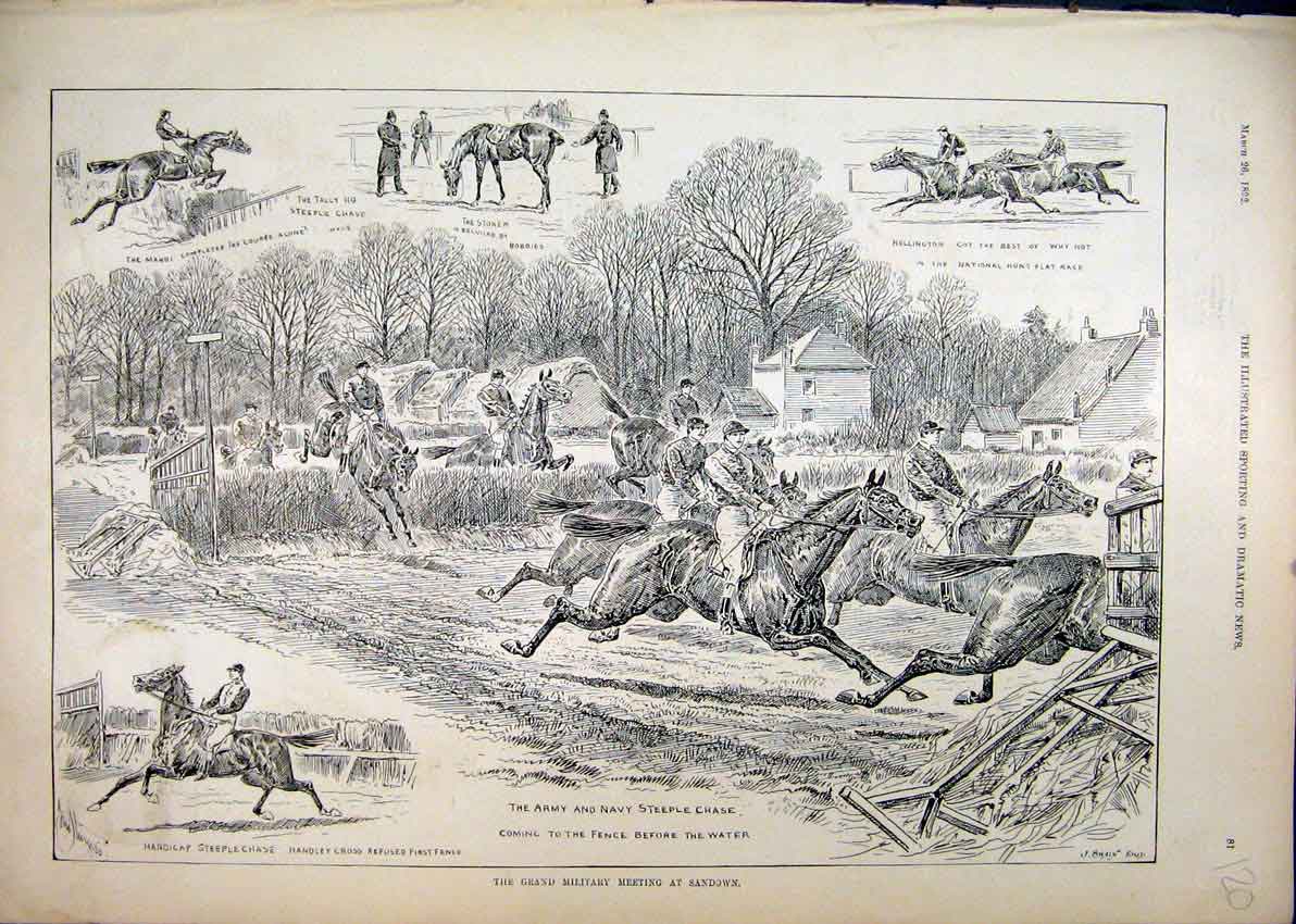 Original Old Antique Print 1892 Army Navy Steeplechase Mahdi Hollington Fence