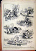 Original Old Antique Print 1883 Boating Thames Last Trip Season Picnic Romance