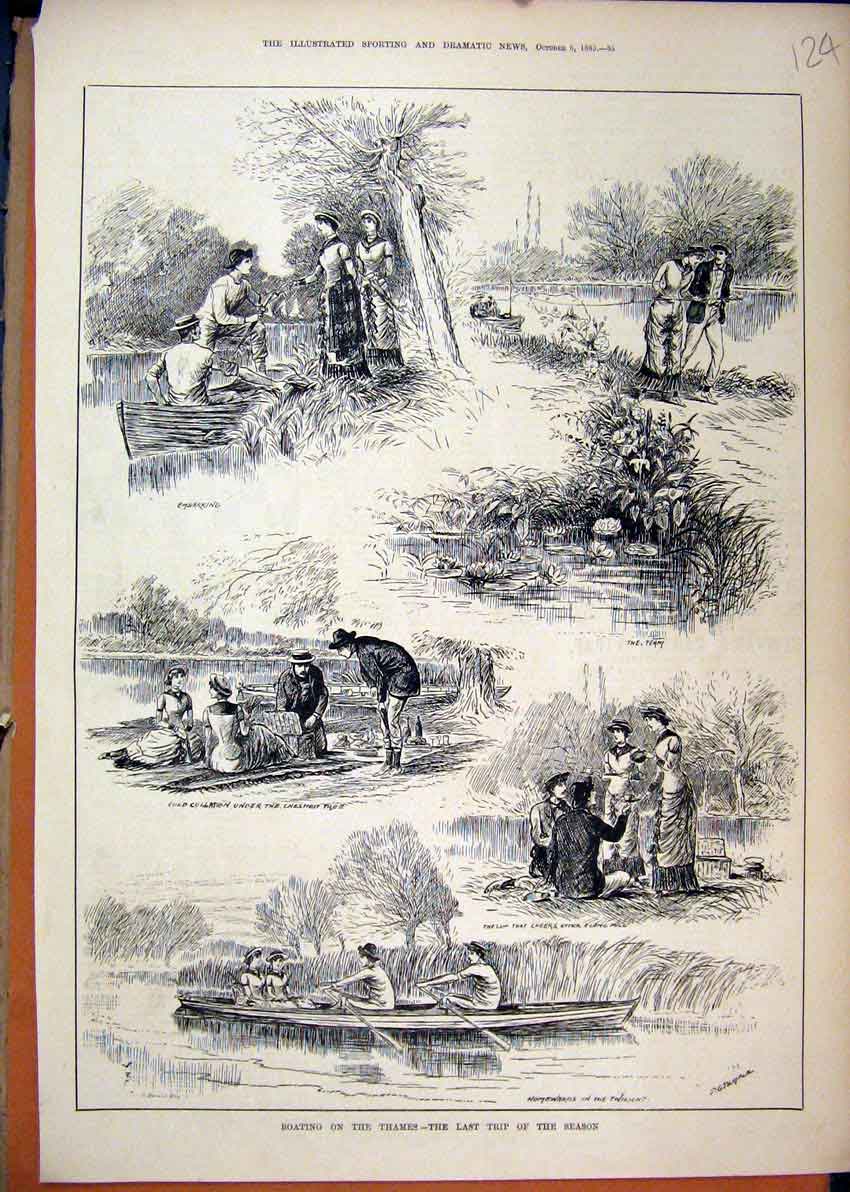 Original Old Antique Print 1883 Boating Thames Last Trip Season Picnic Romance