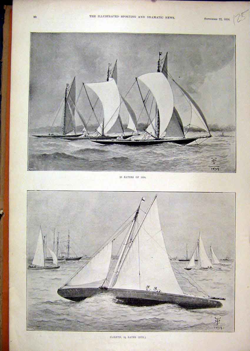 Original Old Antique Print Sailing Boats 1894 20 Raters Gareth Lug Sea Scene