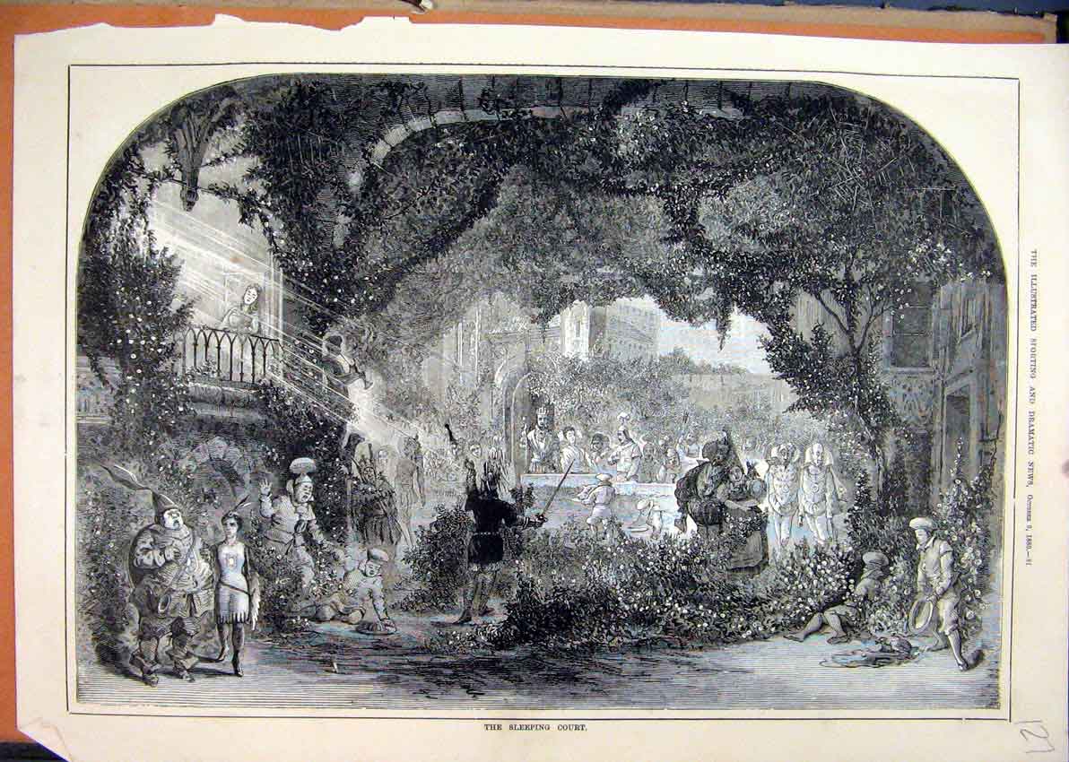 Original Old Antique Print Sleeping Court 1880 Theatre Scene Flowers Romance
