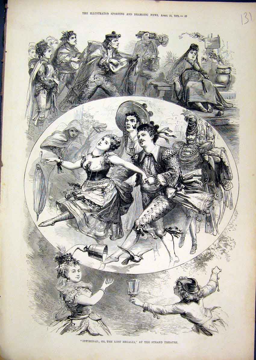 Original Old Antique Print Intimidad Lost Regalia Strand Theatre 1875 Dancing
