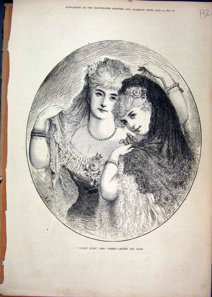 Original Old Antique Print Portrait Women 1878 Beautiful Dresses Viels Victorian