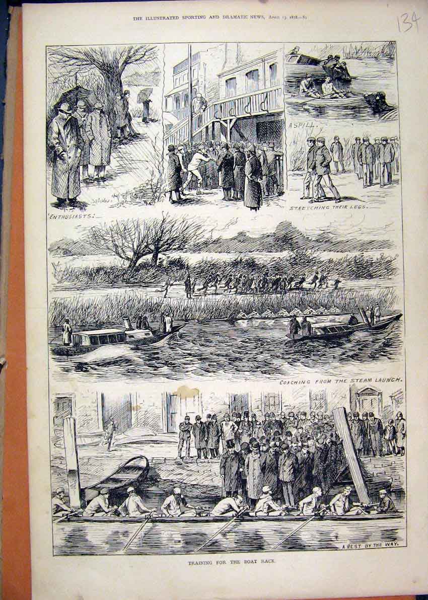 Original Old Antique Print 1878 Boat Race Training River Steam Launch Accident