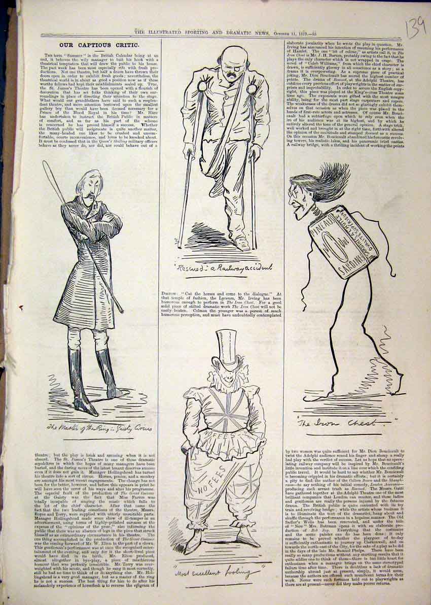 Old Antique Print 1879 Theatrical Sketches Gaiety Circus Iron Chest Clown 19th