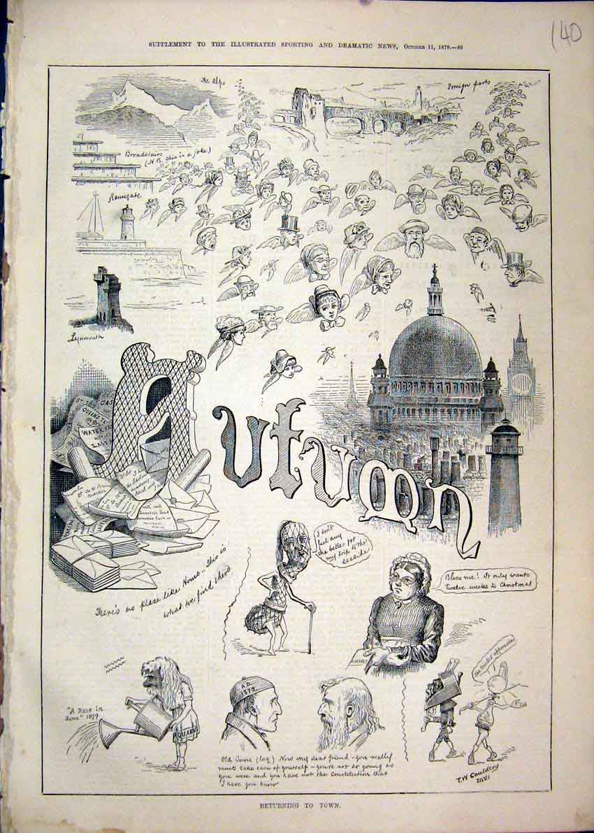 Original Old Antique Print Sketches 1879 Town Alps Lynmouth Ramsgate Comedy 19th