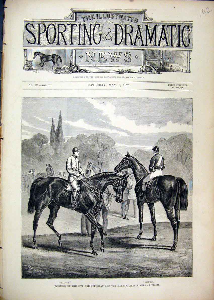 Original Old Antique Print 1875 Horses Winners Metropolitan Epsom Dalham Hampton