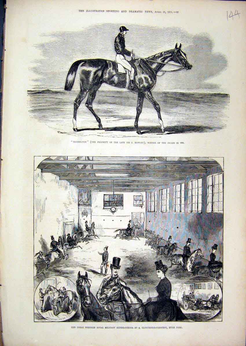 Old Antique Print Royal Military Riding-School Hyde Park 1875 Teddington 19th