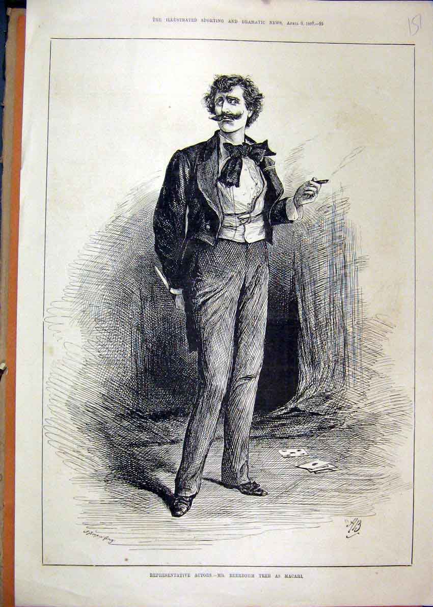 Original Old Antique Print 1887 Mr Beerbohm Tree Macarl Theatre Man Smoking 19th
