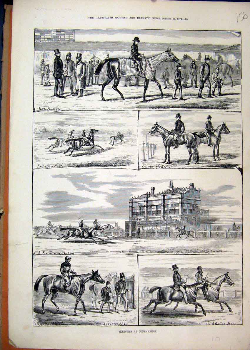 Original Old Antique Print 1874 Sketches Newmarket Birdcage Horse Racing Gallop