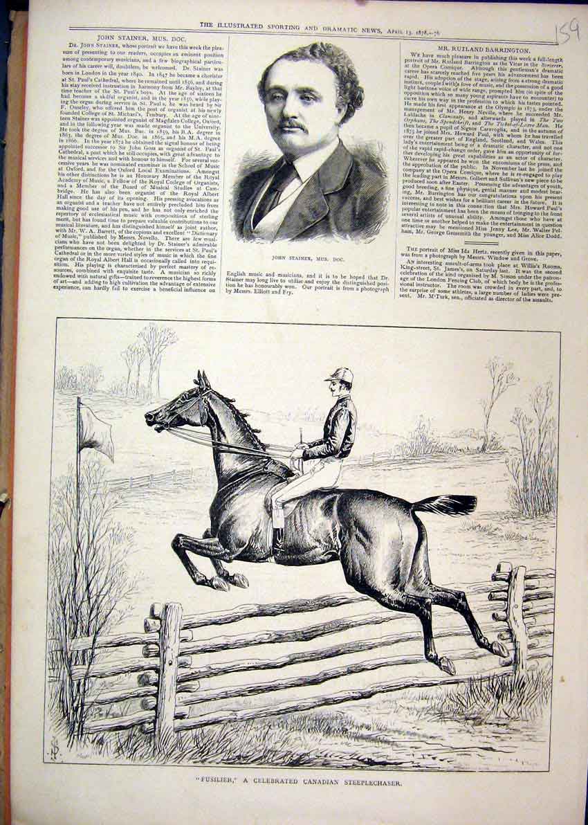 Original Old Antique Print 1878 Portrait John Stainer Fusilier Canadian Steeple