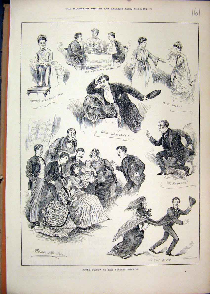 Original Old Antique Print 1884 Nita First Novelty Theatre Fizzleron Horace 19th